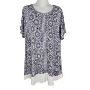 Rose + Olive Womens Tunic Top 1X Purple White Chiffon Trim Medallion Print Boho